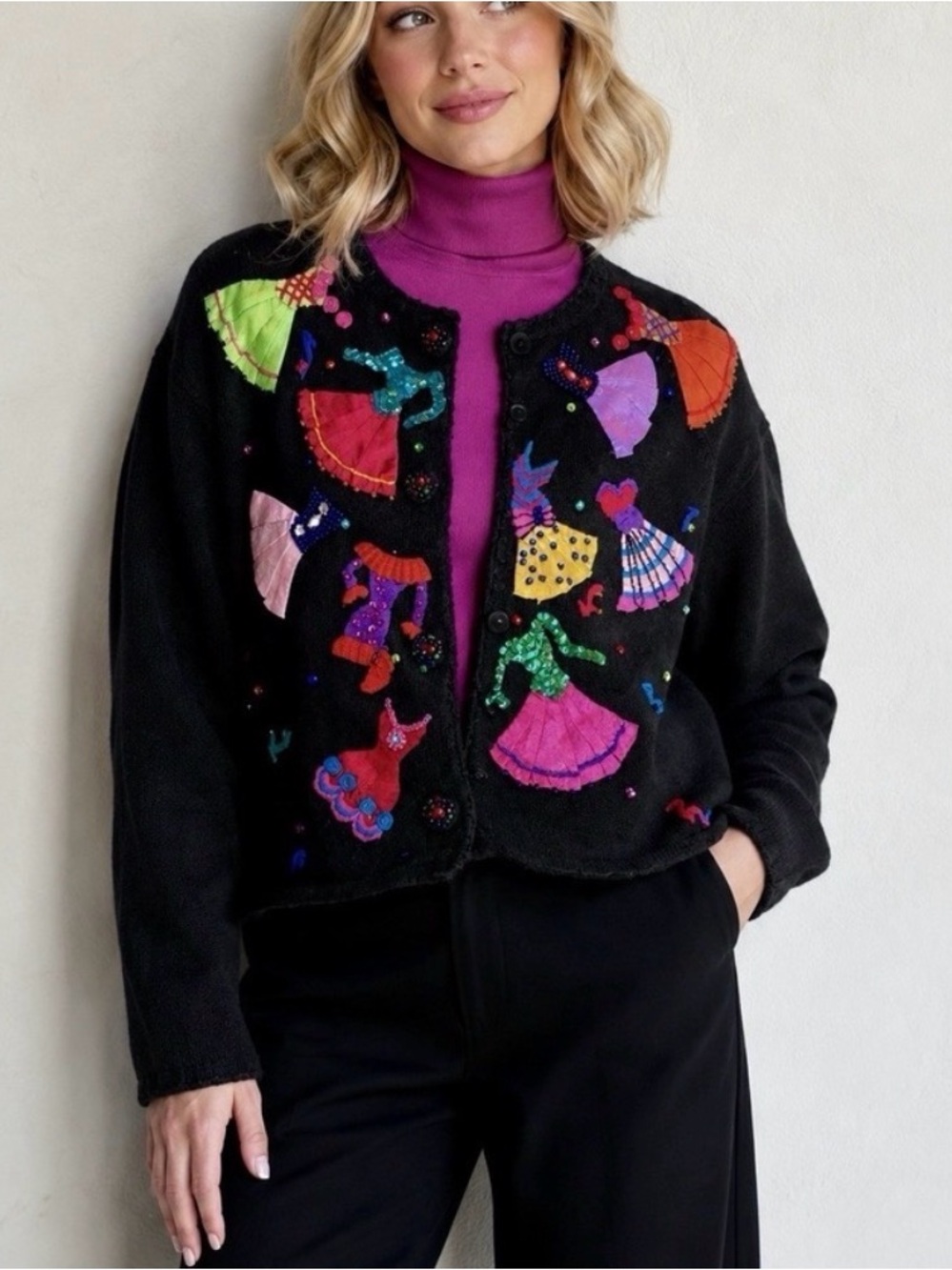 Michael Simon Simon Sez Womens Vintage Applique Cardigan Sweater Art - L